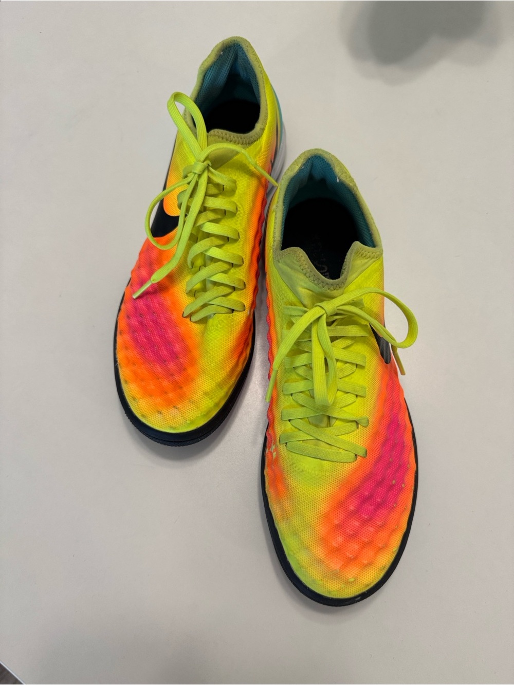 Nike Kids Neon Yellow and Pink Indoor Soccer Sneakers